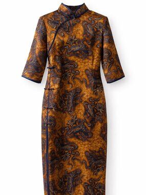 Women’s Silk Qipao Cheongsam Dress Brown and Yellow Blue Floral XL New